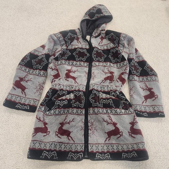 Vintage  Wool Woolrich Fleece Jacket - Hooded Long Coat - XMAS Deer Women M/L - Picture 3 of 7